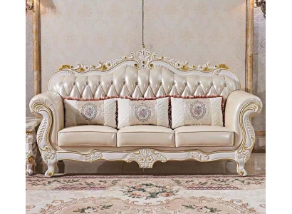 Classic three-seater Chesterfield sofa in beige with magnificent hand-carved details
