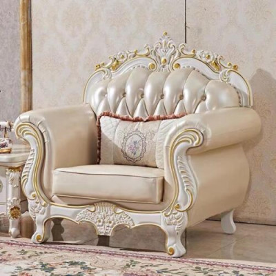 Armchair Luxury Furniture Baroque Living room Wood Leather Sofa Couch Furniture Beige