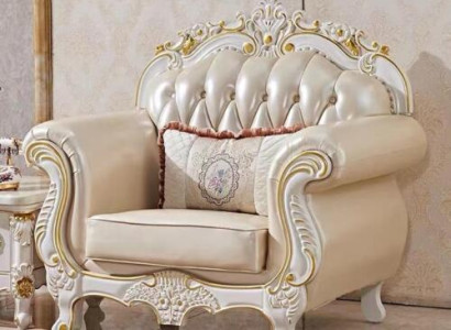 Armchair Luxury Furniture Baroque Living room Wood Leather Sofa Couch Furniture Beige