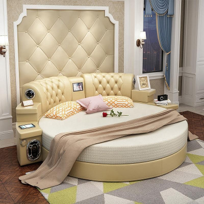 Round Kingsize Bed Round Beds Multifunction Hotel Upholstery Led Shelf