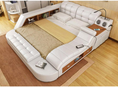 Double Luxury Leather Bed + USB Upholstery Beds Modern Hotel Multifunction Instant