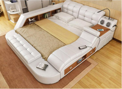 Multifunction Bed Shelf Wardrobe USB Charging Station Double Leather Beds