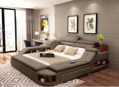 Modern Hotel Multifunction USB Sound Double Design Leather Bed Upholstery