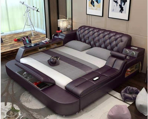Design Bed XXL Big Beds Leather Hotel Upholstery 180x200 Multifunction Shelf
