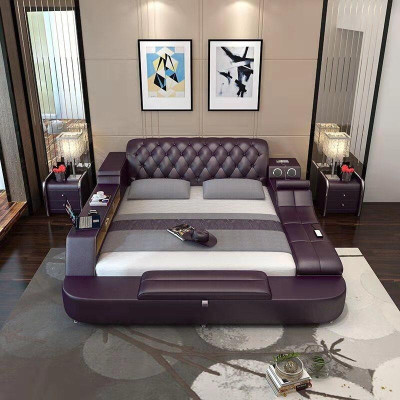 Design Bed XXL Big Beds Leather Hotel Upholstery 180x200 Multifunction Shelf