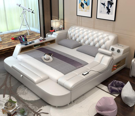 Design Bed XXL Big Beds Leather Hotel Upholstery 180x200 Multifunction Shelf