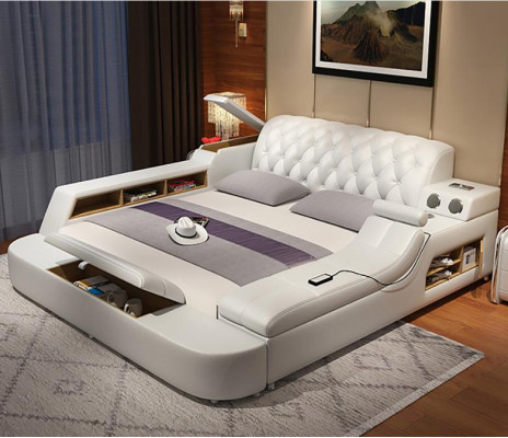 Design Bed XXL Big Beds Leather Hotel Upholstery 180x200 Multifunction Shelf