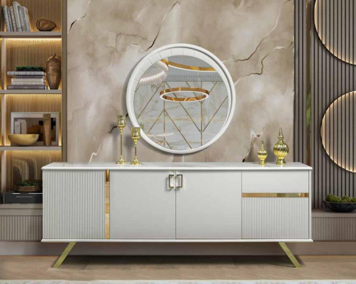 Luxury Dining set Table with chairs Dining table Mirror Chest of drawers 4x armchair 6 pieces