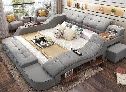 Design Bed XXL Big Beds Leather Upholstery Hotel 180x200cm Multifunction Shelf new