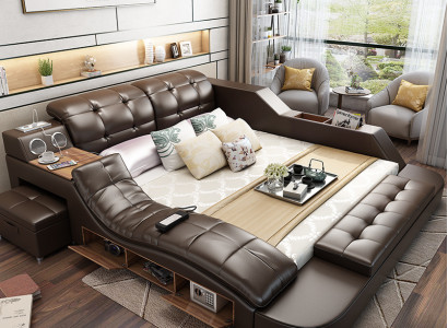 Multifunction Design Bed XXL 180x200 Big Beds Leather Hotel Shelf USB