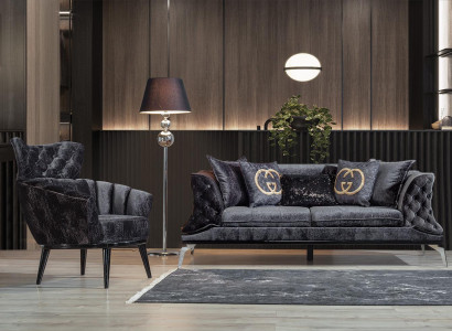 Black Couch Sofa Suite 3+1 Seat Chesterfield Living room Upholstery