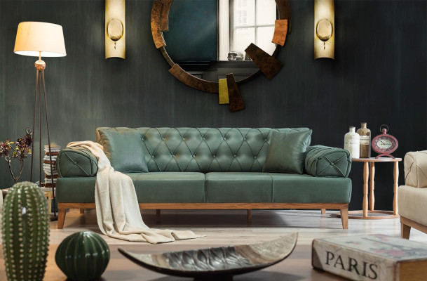 Chesterfield Sofa 3 Seat Couches Three Seater Green new Textile Wood 220cm