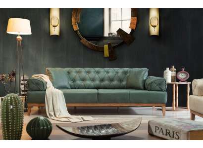 Chesterfield Sofa 3 Seat Couches Three Seater Green new Textile Wood 220cm