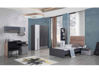 Gray Youth Room Wardrobe Bookshelf Childrens room Bed 5pcs