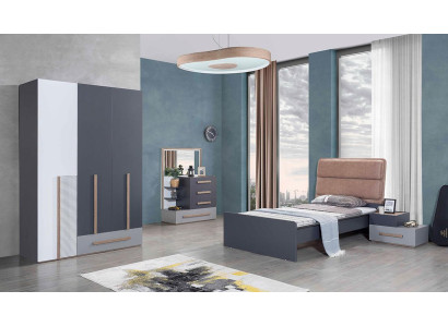 Youth Room Set Gray Bed Bedside table Wardrobe Design new 4-piece.
