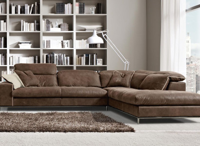 Design Corner sofa Prianera Modern Luxury Corner Leather Wood Sofa L-shape Brown