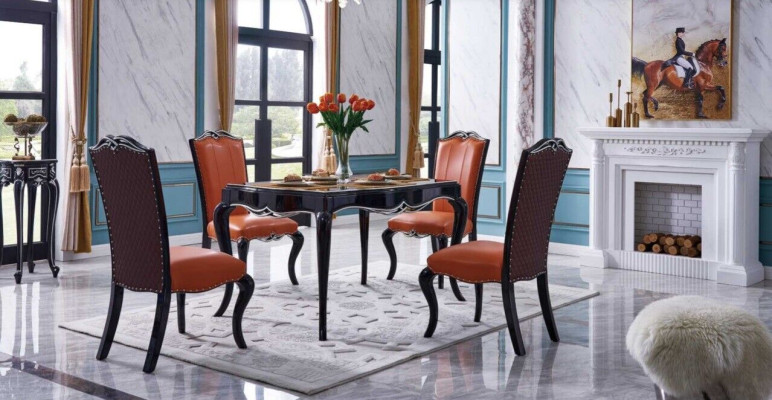 Black -Brown Dining room Furniture Designer Wood Dining table x4 Leather armchairs 5pcs. set