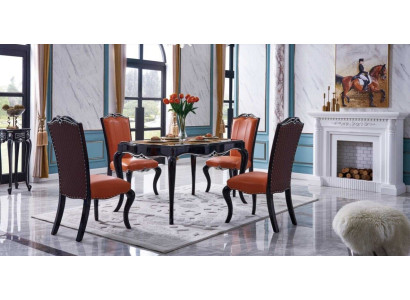 Black -Brown Dining room Furniture Designer Wood Dining table x4 Leather armchairs 5pcs. set