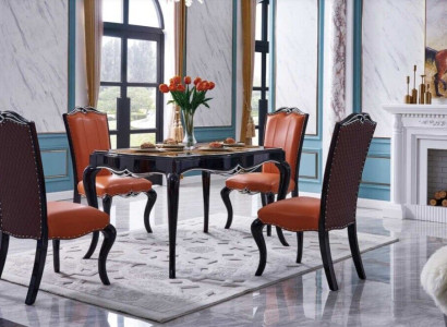Black -Brown Dining room Furniture Designer Wood Dining table x4 Leather armchairs 5pcs. set