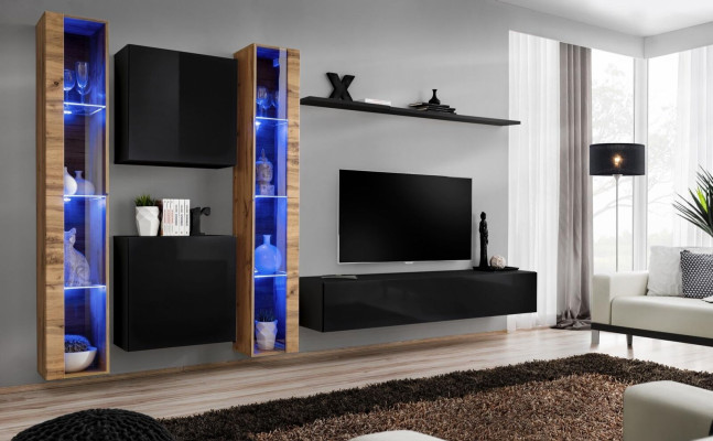 Wall unit wall cabinet Modern Design TV lowboard Black Living room furniture Complete