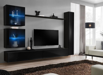 Black Wall unit Complete Set Furnishings Designer Furniture TV Lowboard Modern