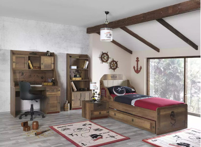 Childrens room Suite Pirate Bed Frame Youth Bed Wood Brown 5-piece set