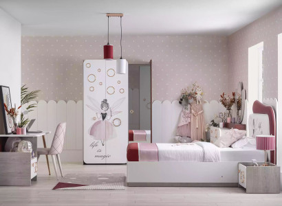 Complete e Kinderfurniture - Children's bed with bed base, Wood Pink Set 6 pieces