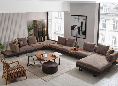 Luxurious Living room Set Upholstery U-shape Corner sofa 2x Stool Coffee table