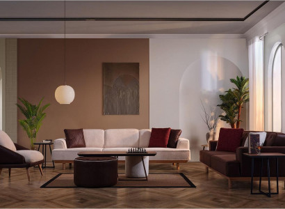 Stylish Brown and White Sofa set Living room Armchair Coffee table Stool