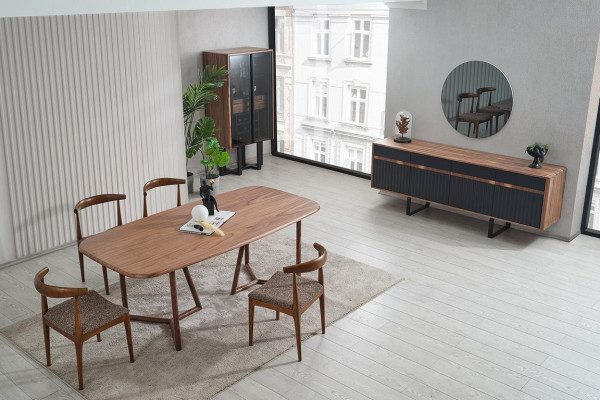 Brown Luxury Dining room Suite Wooden Table 4х Upholstered Chairs Chest of drawers