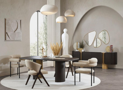 Black -Beige Dining room Suite Rectangular Dining table 4x Chairs Mirror