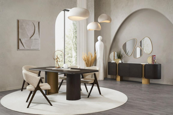 Black -Beige Dining room Suite Rectangular Dining table 4x Chairs Mirror