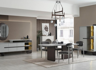 Gray-White Dining room Furniture Dining table 4x Luxury Chairs Designer Display case