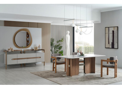 Brown-White Dining room Set Dining table 4x Chairs Chest of drawers Designer Dining set