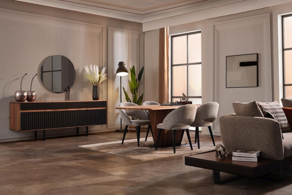 Dining area Furniture Designer Dining table Wood Chest of drawers 4x Chairs Sideboard 7pcs