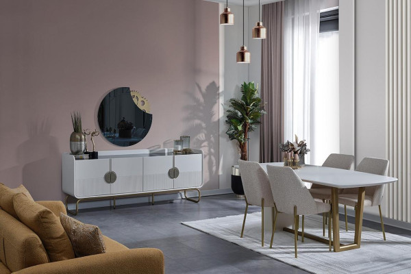 White Wood Dining room Suite Designer Dining table 4x upholstered chairs 7 pieces