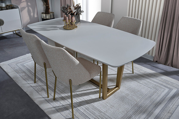 White Wood Dining room Suite Designer Dining table 4x upholstered chairs 7 pieces