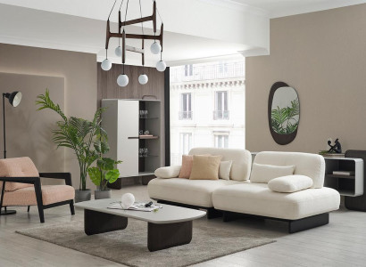 Elegant Living room Set White Upholstered Sofa Textile Armchair Coffee table
