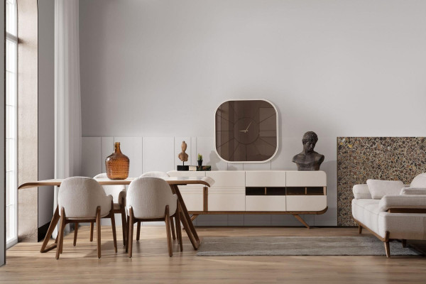 White-brown Dining room Suite Modern dining table 6x upholstered chairs 9 pieces