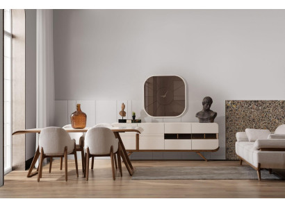 White-brown Dining room Suite Modern dining table 6x upholstered chairs 9 pieces