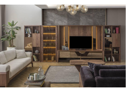 Modern Brown Wall Unit Living Room Wooden Wall Mux LED Shelves Wall Units