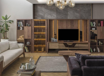 Modern Brown Wall Unit Living Room Wooden Wall Mux LED Shelves Wall Units