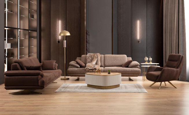 Beige-Brown Living room Sofa set 3 Seater Upholstered Armchair Coffee table