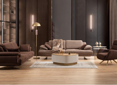 Beige-Brown Living room Sofa set 3 Seater Upholstered Armchair Coffee table