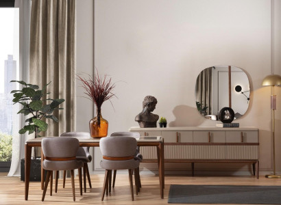 Modern dining room set designer dining table 4x upholstered chairs luxury sideboard