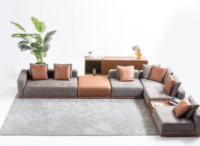 Gray upholstered sofa Corner suite L-shape Corner sofa Modern fabric sofa Couch