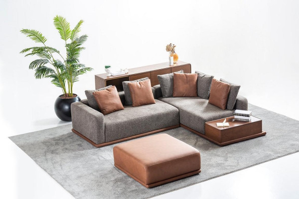 Living room Seating Set Gray L-shape Sofa Brown Stool Luxury Furniture