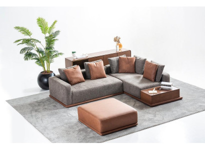 Living room Seating Set Gray L-shape Sofa Brown Stool Luxury Furniture