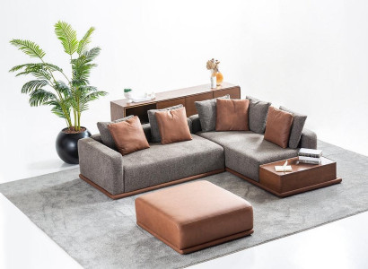 Living room Seating Set Gray L-shape Sofa Brown Stool Luxury Furniture