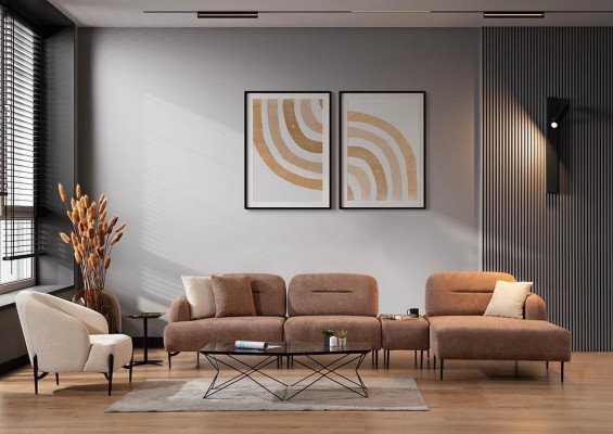 Brown-beige Living room seating set Corner sofa Living landscape Armchair 2-piece